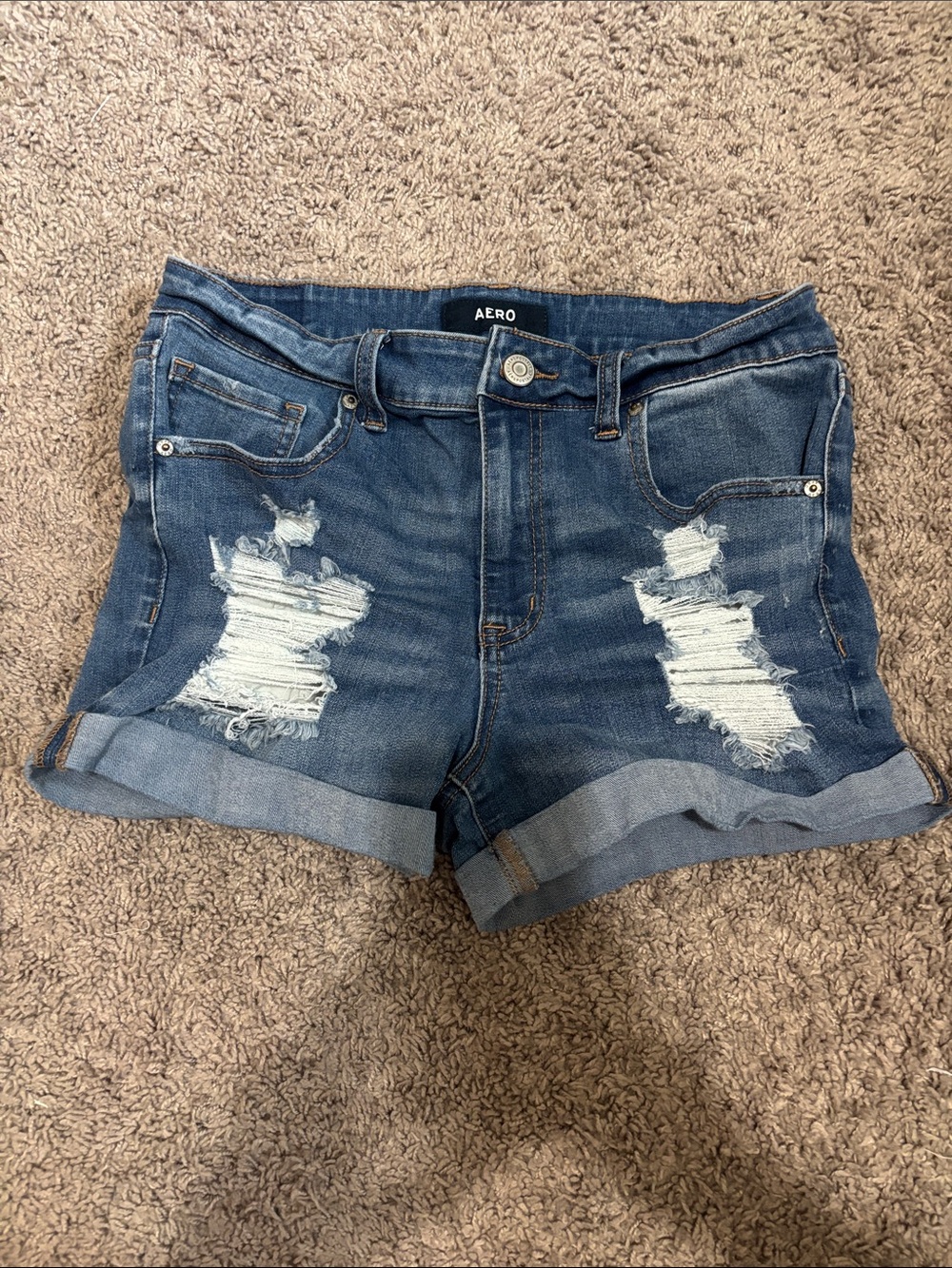 Aero Ripped Mid-Blue Rolled Hem Denim Shorts